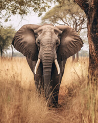 Fototapeta na wymiar wild elephant walk through the savanna of Tarangire National Park in Tanzania, East Africa