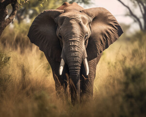 Naklejka na ściany i meble wild elephant walk through the savanna of Tarangire National Park in Tanzania, East Africa