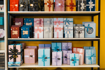Colorful and patterned gift box stacks arranged on multi-tiered shelves