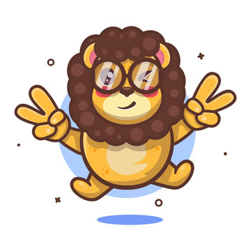 cute lion animal character mascot with peace sign hand gesture isolated cartoon in flat style design