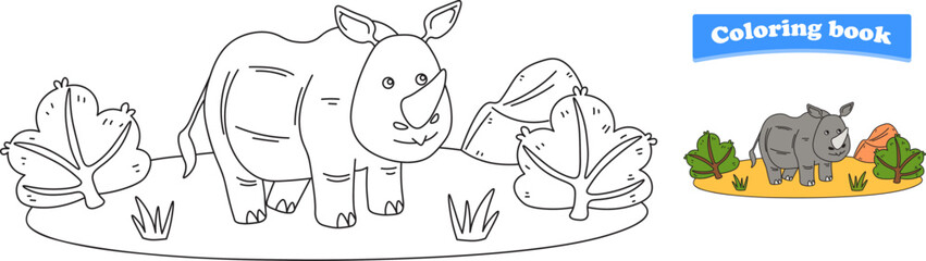 Funny cartoon rhino. Coloring pages. Vector illustration
