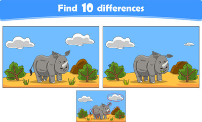Funny cartoon rhino. Find 10 differences. Kids Education games. Cartoon vector illustration