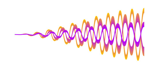 Overlapping sound waves or signals. Three purple orange gradient sinusoid lines. Voice or music audio design element for flyer, poster, banner. Radio signal graphic samples. Vector