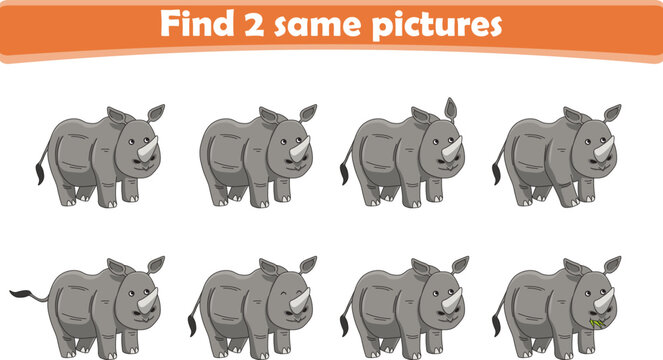 Funny cartoon rhino. Find two same pictures. Educational game for children. Cartoon vector illustration