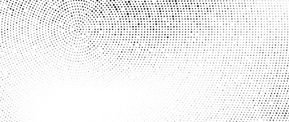 Radial halftone dots. Dotted stains gradient background. Concentric comic texture with fading effect. Black and white rough gritty wallpaper. Grunge monochrome spotted pop art backdrop. Vector