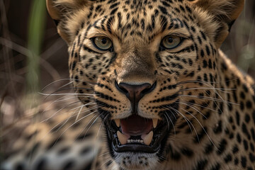 a leopard with its mouth open and it's tongue out to the camera, in front of some tall green grass