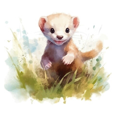 Cute weasel cartoon in watercolor painting style