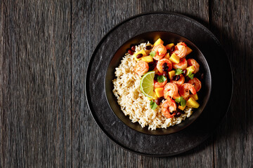 shrimps with beans, mango, brown rice in bowl - obrazy, fototapety, plakaty