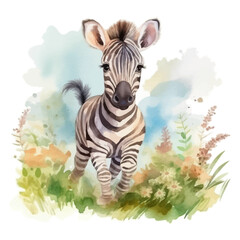 Cute zebra cartoon in watercolor painting style