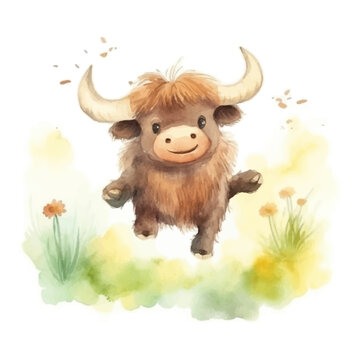 Cute little yak cartoon in watercolor painting style