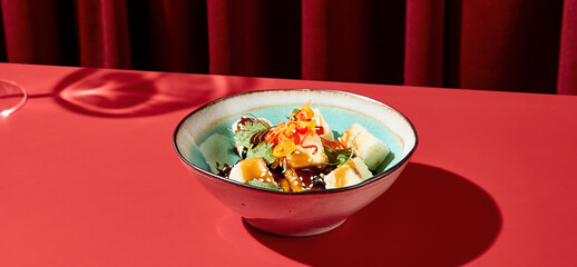 Banner of Asian eggplant-tofu salad, elegantly served against a dark red velvet curtain backdrop