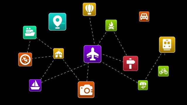 Travel Network Application icon animation on black background. Digital Apps of Travels and Transportation.  Service 