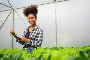 African american woman writing notes and examining quality of vegetables in hydroponics greenhouse