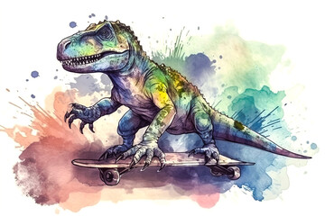 Watercolor illustration of a skateboarding Tyrannosaurus Rex ai generation