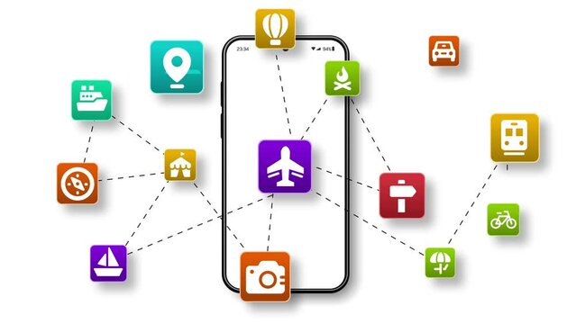 Travel Icons Network Over Mobile Phone Animation on White Background. Traveling Service online, Destination and Travels Application.  