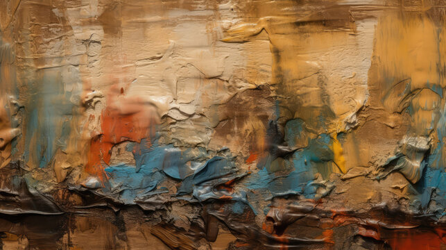 Abstract colorful oil painting on canvas. Oil paint texture with brush and palette knife strokes. multicolored wallpaper. Macro close up acrylic background. Post-processed generative AI