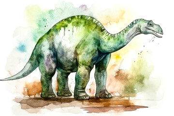 watercolor illustration of a dinosaur surrounded by playful paint splashes ai