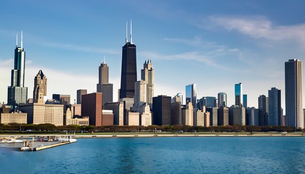 Chicago's urban skyline can be seen in this cityscape. Sea and sky in blue