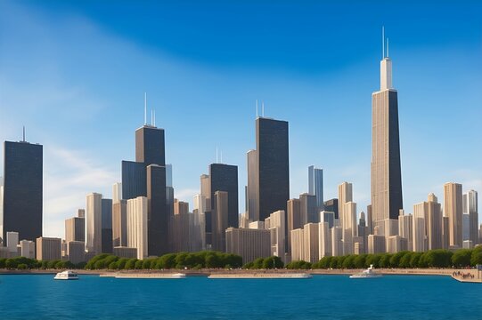 Landscape of Chicago city space with urban skyline blue sky and the sea