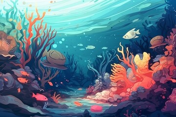 Naklejka na ściany i meble Vibrant Underwater World with Colorful Marine Life and Coral Reefs Created with Generative AI