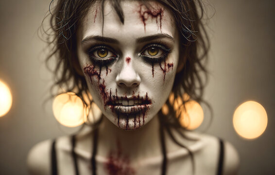 Portrait of a zombie woman. Generative AI.