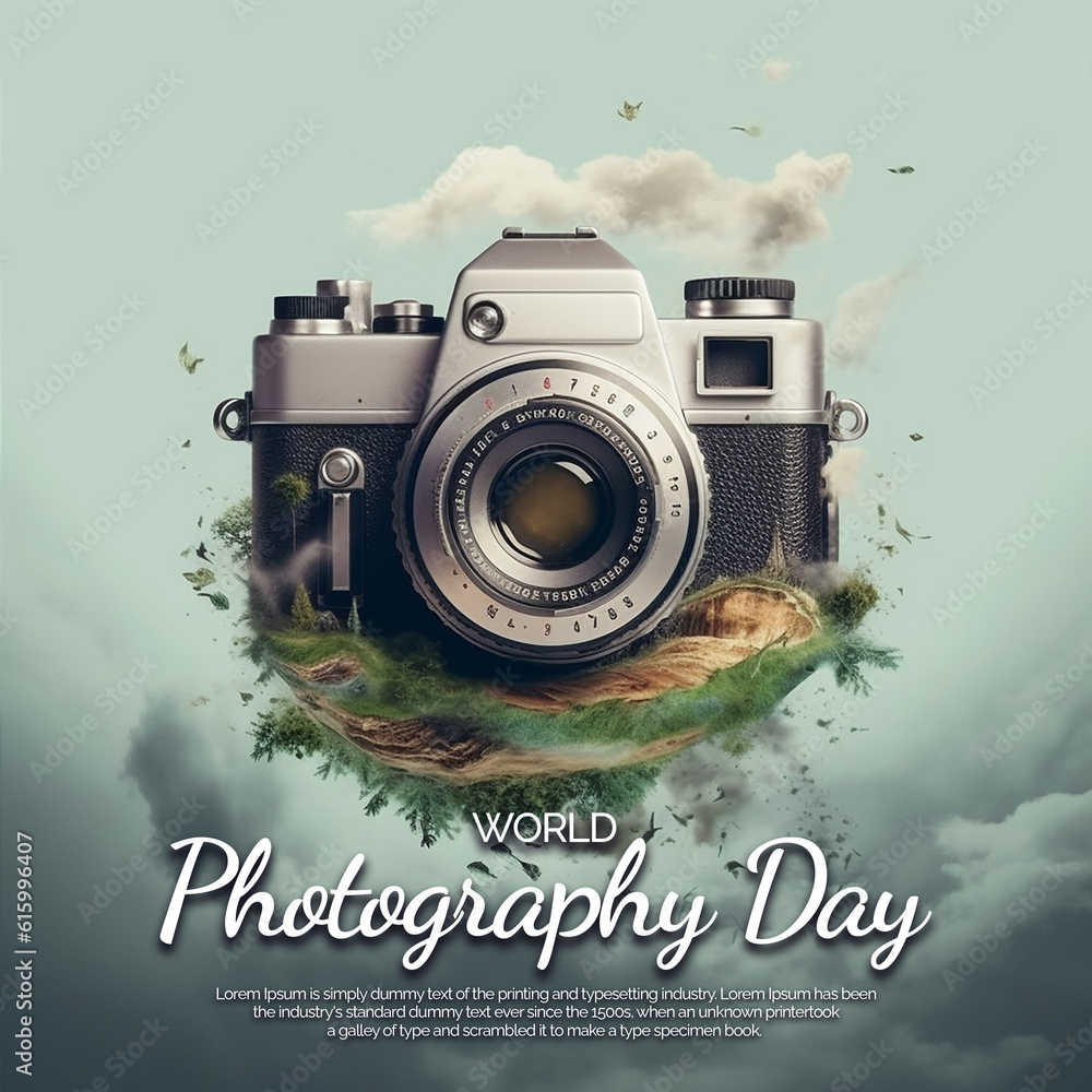 Wall mural world photography day poster with realistic camera illustration background