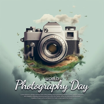 World photography day poster with realistic camera illustration background