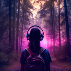 person in headphones walking in forest
