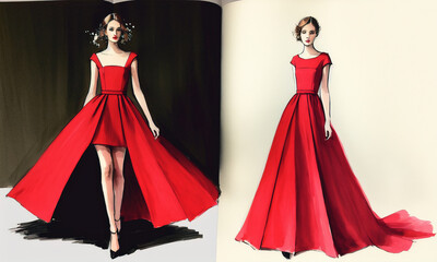 fashion art sketch of a beautiful young woman in red dress. Generative AI.
