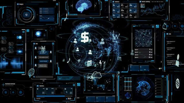 Digital communication network concept. GUI (Graphical User Interface). Abstract animation.