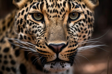Fototapeta na wymiar a leopard's face with blue eyes and white whiss on it's head, looking directly into the camera lens