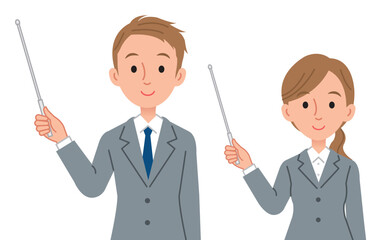 指し棒で説明するビジネスパーソン（男女）