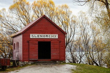 Glenorchy Red Hut in the South Island of New Zealand in autumn