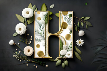 Blooming Letter H: Enchanting Floral Collection - Ivory Blossoms, Gilded Foliage, and Botanical Delights. Perfect for Weddings, Celebrations, and Joyous Occasions. Featuring Roses, Peonies