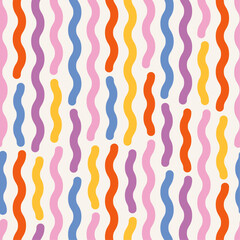 Cheerful wavy stripe seamless pattern. Bright, fun, design with colorful squiggly lines. Abstract, geometric background texture, repeat print.