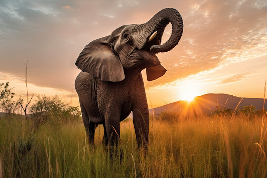 an elephant that is standing in the tall grass and looking up at the sky with its trunk stretched over it's head