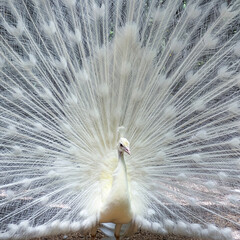 White peacock bird showing his tail feathers and plumage 