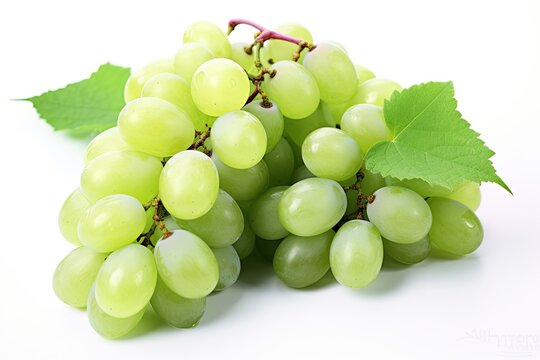 Fresh grapes with leaves isolated on white background. Generative Ai