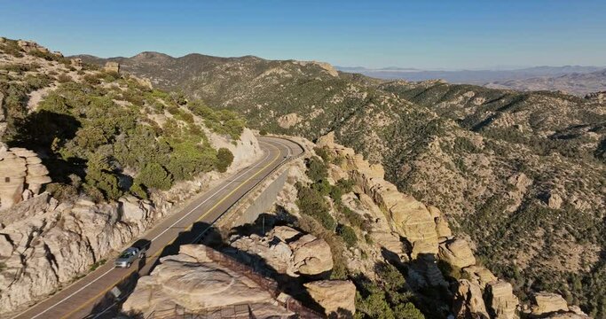 Mt Lemmon Arizona Aerial v8 flyover Wind Point Vista along rocky cliff edge of Catalina highway capturing spectacular outback landscape with Hitchcock Pinnacle - Shot with Mavic 3 Cine - March 2022