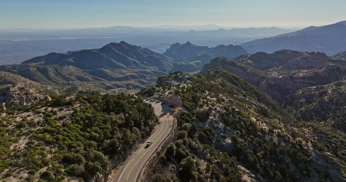 Mt Lemmon Arizona Aerial v4 flyover Catalina highway leading to Windy Point Vista capturing spectacular views of Tucson mountainscape with unique rock formation - Shot with Mavic 3 Cine - March 2022
