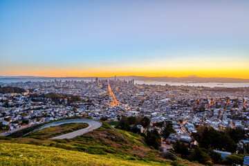 San Francisco with the downtown skyline just before sunrise