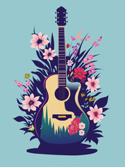 guitar retro colored and flowers