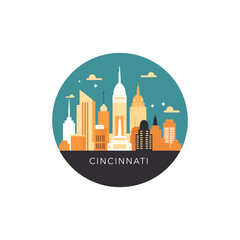 USA United States of America Cincinnati city logo with abstract shapes of landmarks. Round vector skyline skyscraper silhouette emblem