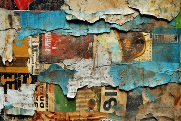 Torn Poster Collage: Layers of torn and peeling posters and flyers, creating a collage of grunge textures and colors. 