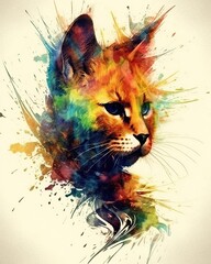 watercolor techniques to paint a cat print that has soft and fluid brushstrokes. subtle splashes of color to create a dreamy and ethereal effect . Cute cat