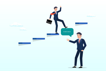 Businessman expert with speech bubble help connect stairway to success, expert advice or intelligence information to solve business problem, professional consultant or support giving solution (Vector)
