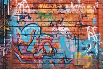 Fototapeta na wymiar Concrete Graffiti Wall: A graffiti-covered concrete wall with layers of paint, tags, and urban street art. 