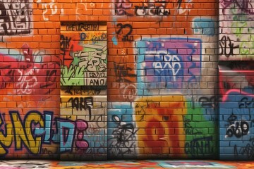 Concrete Graffiti Wall: A graffiti-covered concrete wall with layers of paint, tags, and urban street art. 