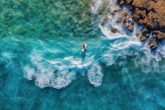  a person is surfing in the water, in the style of aerial photography,  turquoise and white, generative ai