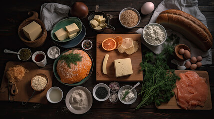 some food that is on a wooden table with eggs, cheese, bread, and other items to be eaten